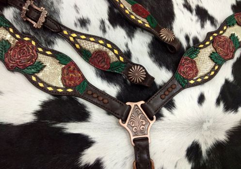 Showman Gold snake print inlay with painted rose accent one ear headstall and breast collar set #3